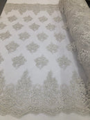 Beaded Fabric By The Yard Of White Embroidered Pattern Beaded On A Mesh For Bridal Veil  Wedding