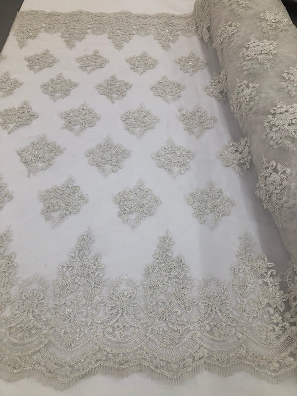 Beaded Fabric By The Yard Of White Embroidered Pattern Beaded On A Mesh For Bridal Veil  Wedding