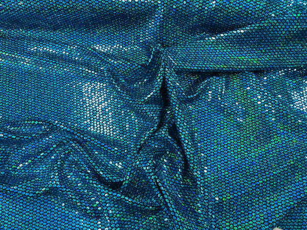 Honeycomb Foil Fabric - Iridescent Turquoise - Hexagon Print On Black Spandex Fabric