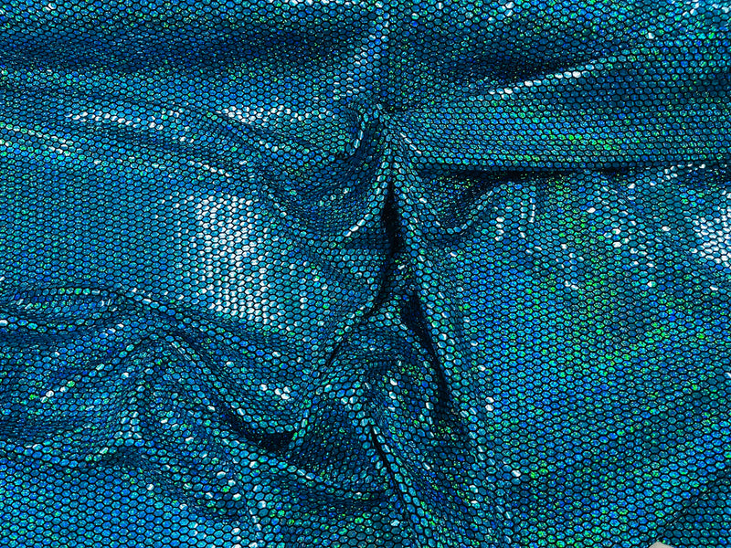 Honeycomb Foil Fabric - Iridescent Turquoise - Hexagon Print On Black Spandex Fabric