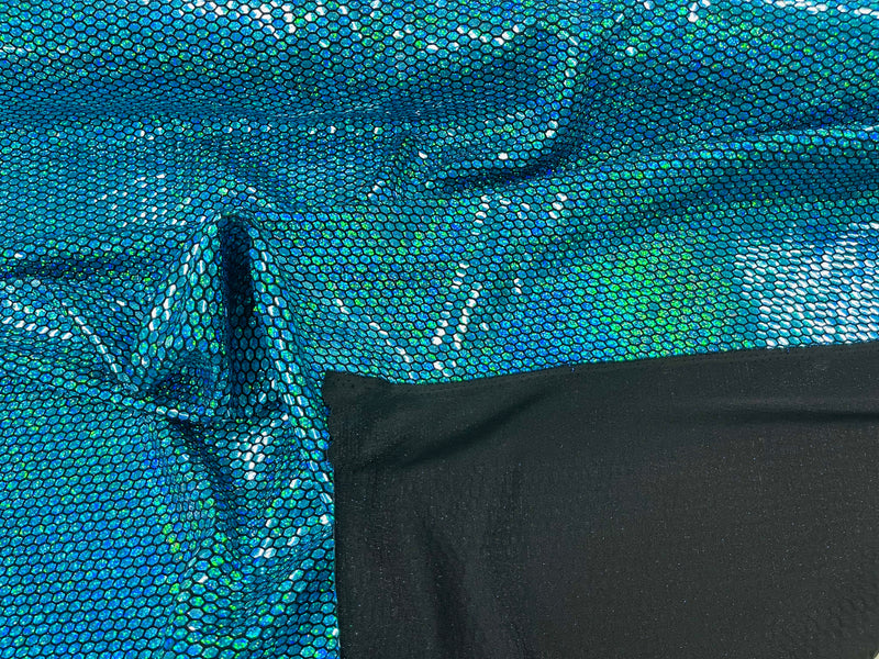 Honeycomb Foil Fabric - Iridescent Turquoise - Hexagon Print On Black Spandex Fabric