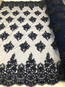 Beaded Fabric By The Yard Navy Embroidered Pattern Beaded On A Mesh For Bridal Veil Flower Wedding