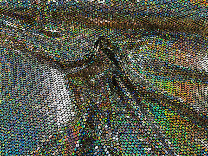 Honeycomb Foil Fabric - Holographic Silver - Hexagon Print On Black Spandex Fabric