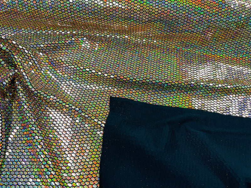 Honeycomb Foil Fabric - Holographic Silver - Hexagon Print On Black Spandex Fabric