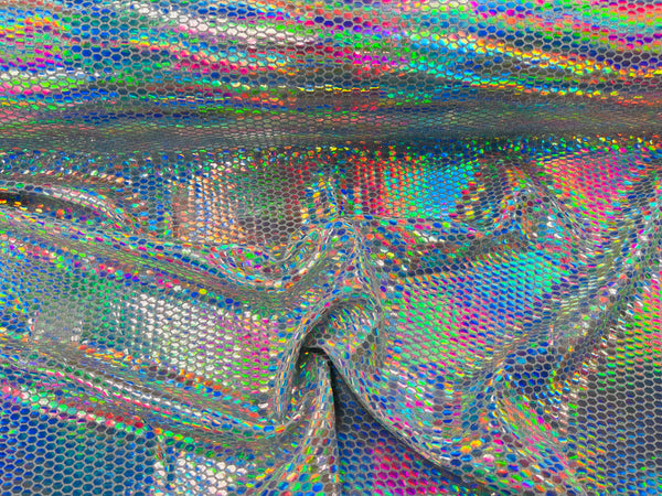 Honeycomb Foil Fabric - Iridescent Silver - Hexagon Print On White Spandex Fabric