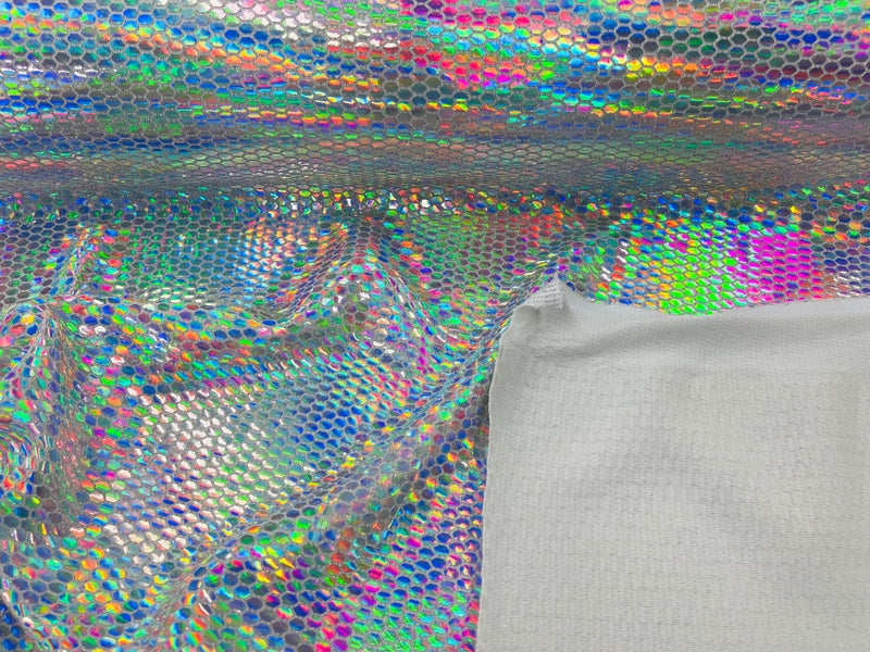 Honeycomb Foil Fabric - Iridescent Silver - Hexagon Print On White Spandex Fabric