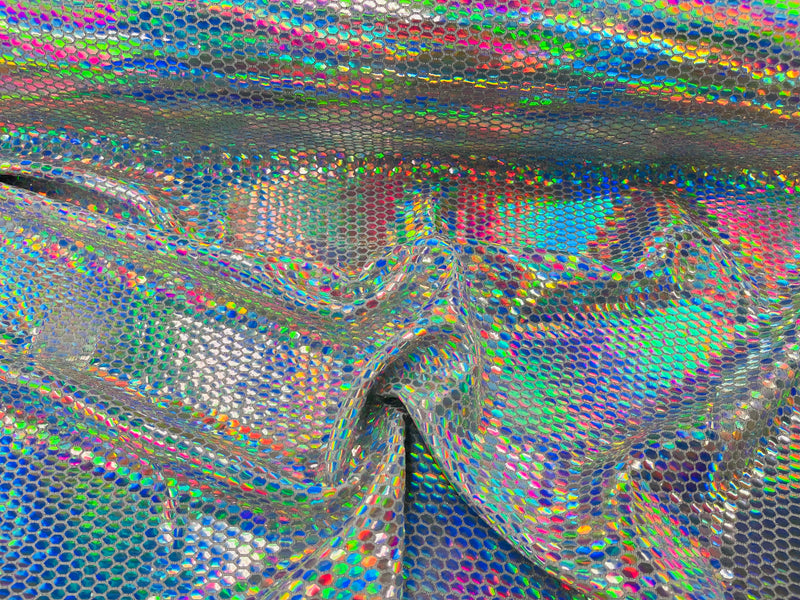 Honeycomb Foil Fabric - Iridescent Silver - Hexagon Print On White Spandex Fabric
