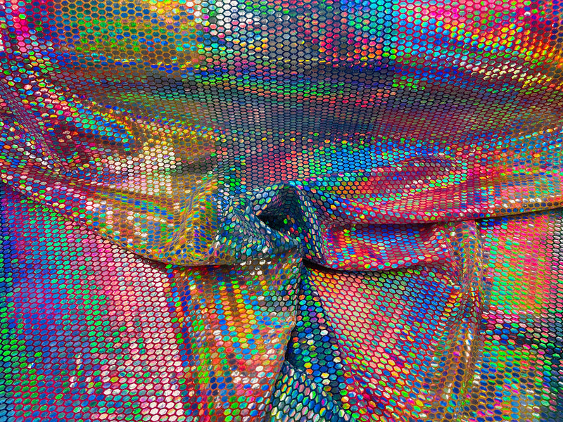Honeycomb Foil Fabric - Iridescent Silver - Hexagon Print On Pink / Blue Spandex Fabric