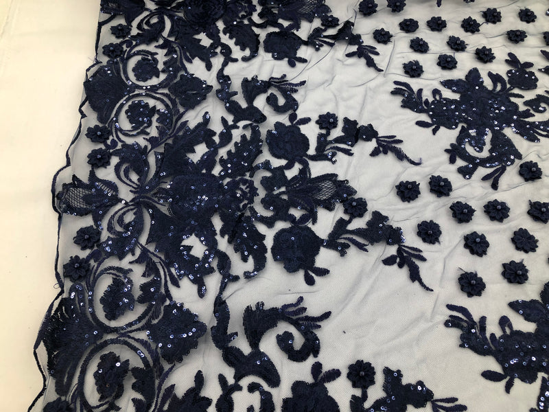Navy Blue - Mini 3D Flower Embroidered Mesh Sequins And Beaded Fabric Sold By The Yard
