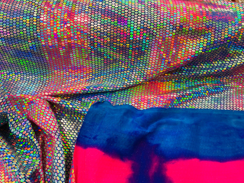Honeycomb Foil Fabric - Iridescent Silver - Hexagon Print On Blue / Pink Spandex Fabric