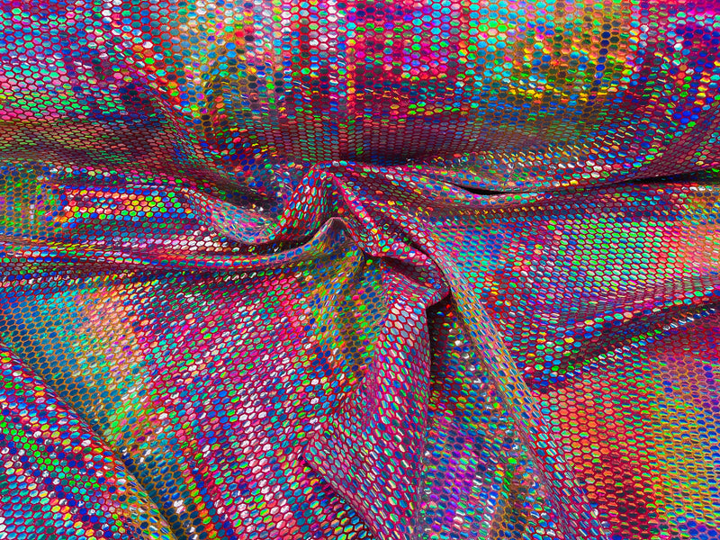 Honeycomb Foil Fabric - Iridescent Silver - Hexagon Print On Pink / Ye