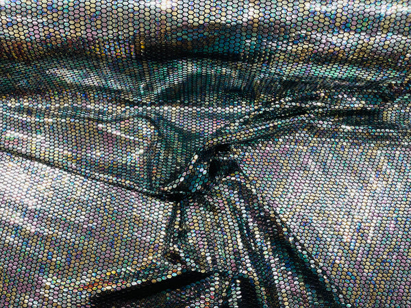 Honeycomb Foil Fabric - Iridescent Black - Hexagon Print On Black Spandex Fabric