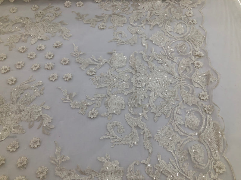 Ivory - Mini 3D Flower Embroidered Mesh Sequins And Beaded Fabric Sold By The Yard