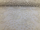 Ivory - Mini 3D Flower Embroidered Mesh Sequins And Beaded Fabric Sold By The Yard