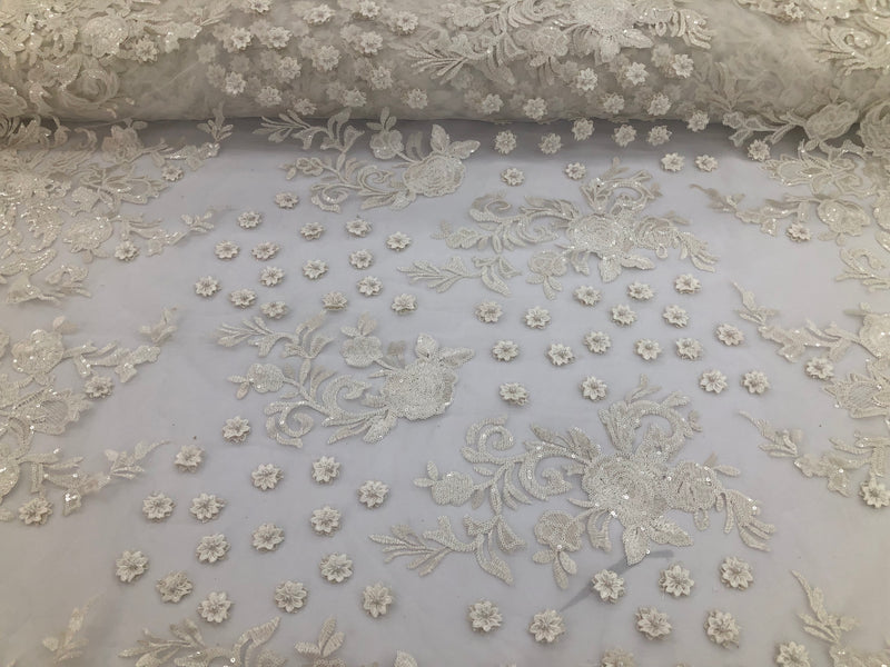 Ivory - Mini 3D Flower Embroidered Mesh Sequins And Beaded Fabric Sold By The Yard