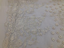Ivory - Mini 3D Flower Embroidered Mesh Sequins And Beaded Fabric Sold By The Yard