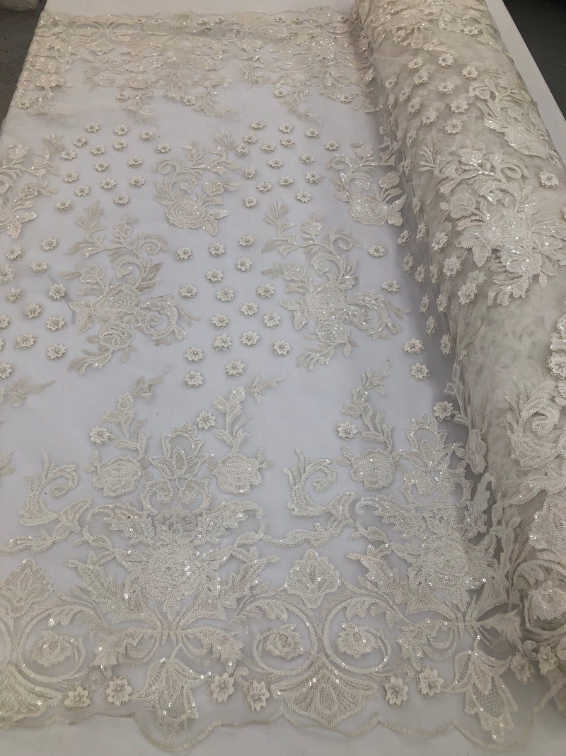 Ivory - Mini 3D Flower Embroidered Mesh Sequins And Beaded Fabric Sold By The Yard