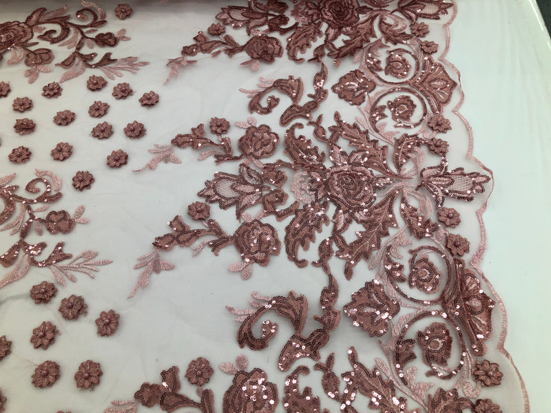 Dusty Rose - Mini 3D Flower Embroidered Mesh Sequins And Beaded Fabric Sold By The Yard
