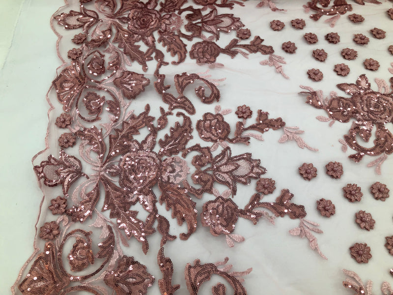 Dusty Rose - Mini 3D Flower Embroidered Mesh Sequins And Beaded Fabric Sold By The Yard
