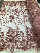 Dusty Rose - Mini 3D Flower Embroidered Mesh Sequins And Beaded Fabric Sold By The Yard