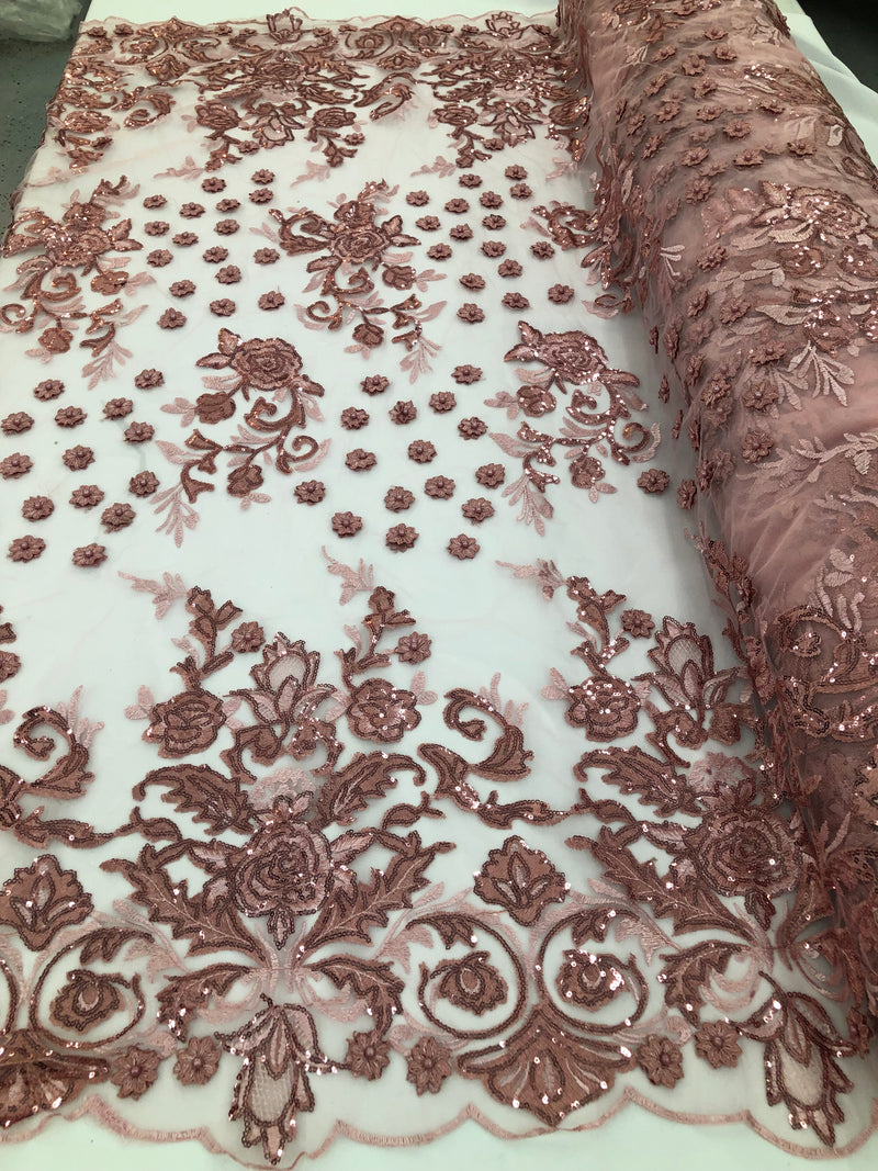 Dusty Rose - Mini 3D Flower Embroidered Mesh Sequins And Beaded Fabric Sold By The Yard