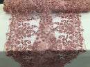 Dusty Rose - Mini 3D Flower Embroidered Mesh Sequins And Beaded Fabric Sold By The Yard