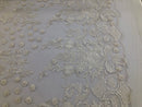 White - Mini 3D Flower Embroidered Mesh Sequins And Beaded Fabric Sold By The Yard