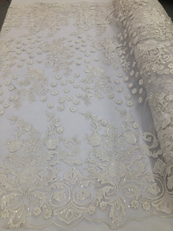 White - Mini 3D Flower Embroidered Mesh Sequins And Beaded Fabric Sold By The Yard