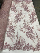 Beaded - Dusty Rose - Elegant Small Flower Pattern Design Sequins Fabric with Beads Sold By The Yard