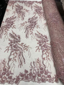 Beaded - Dusty Rose - Elegant Small Flower Pattern Design Sequins Fabric with Beads Sold By The Yard