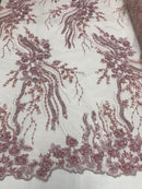 Beaded - Dusty Rose - Elegant Small Flower Pattern Design Sequins Fabric with Beads Sold By The Yard