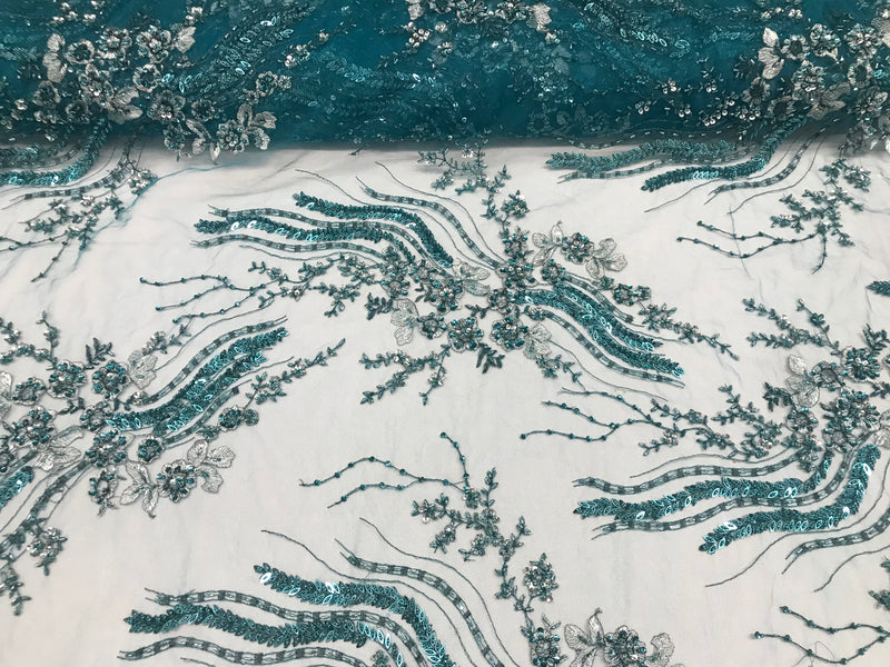 Beaded - Teal  - Elegant Small Flower Pattern Design Sequins Fabric with Beads Sold By The Yard