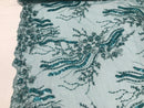 Beaded - Teal  - Elegant Small Flower Pattern Design Sequins Fabric with Beads Sold By The Yard