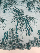 Beaded - Teal  - Elegant Small Flower Pattern Design Sequins Fabric with Beads Sold By The Yard