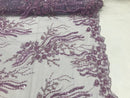 Beaded - Lilac - Elegant Small Flower Pattern Design Sequins Fabric with Beads Sold By The Yard