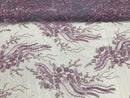Beaded - Lilac - Elegant Small Flower Pattern Design Sequins Fabric with Beads Sold By The Yard