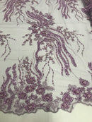 Beaded - Lilac - Elegant Small Flower Pattern Design Sequins Fabric with Beads Sold By The Yard