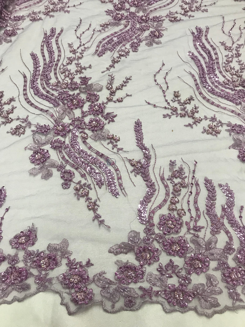 Beaded - Lilac - Elegant Small Flower Pattern Design Sequins Fabric with Beads Sold By The Yard