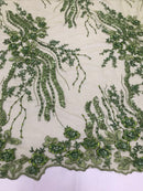 Beaded - Olive - Elegant Small Flower Pattern Design Sequins Fabric with Beads Sold By The Yard