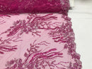 Beaded - Magenta - Elegant Small Flower Pattern Design Sequins Fabric with Beads Sold By The Yard