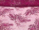 Beaded - Magenta - Elegant Small Flower Pattern Design Sequins Fabric with Beads Sold By The Yard