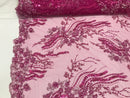 Beaded - Magenta - Elegant Small Flower Pattern Design Sequins Fabric with Beads Sold By The Yard