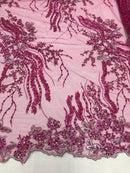 Beaded - Magenta - Elegant Small Flower Pattern Design Sequins Fabric with Beads Sold By The Yard