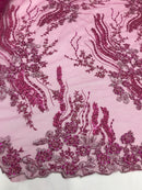 Beaded - Magenta - Elegant Small Flower Pattern Design Sequins Fabric with Beads Sold By The Yard