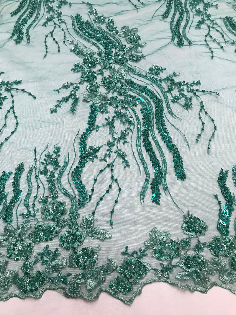 Beaded - Jade - Elegant Small Flower Pattern Design Sequins Fabric with Beads Sold By The Yard