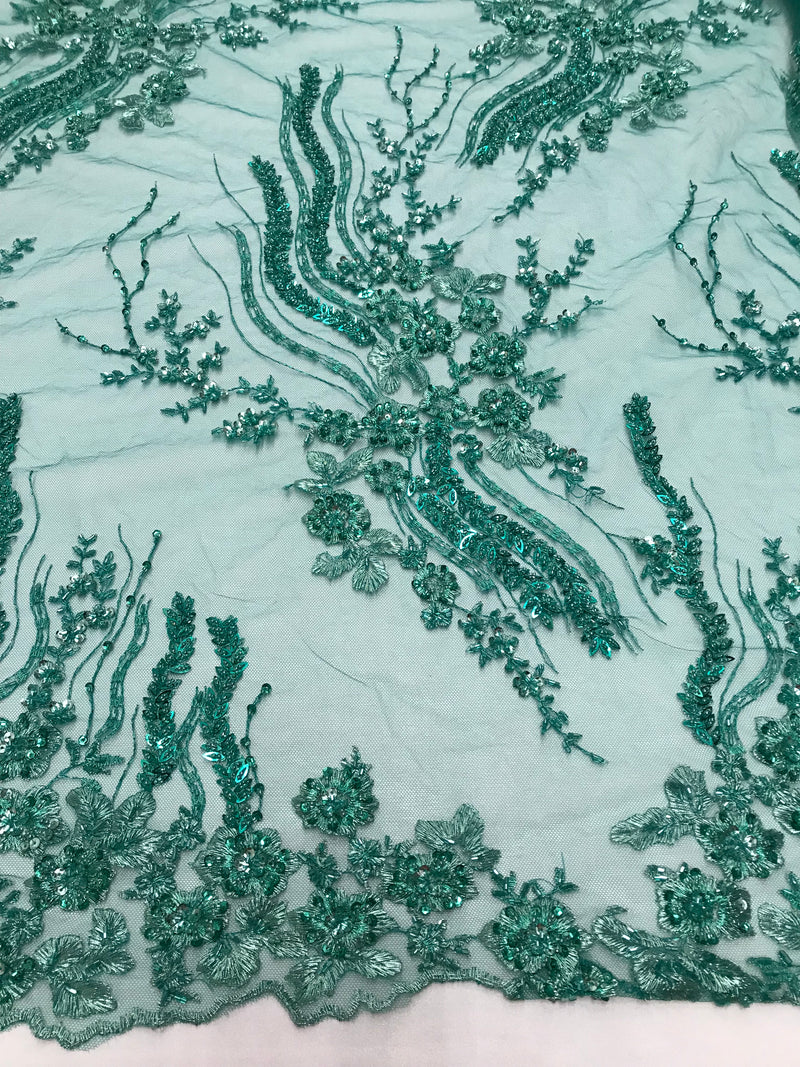 Beaded - Jade - Elegant Small Flower Pattern Design Sequins Fabric with Beads Sold By The Yard