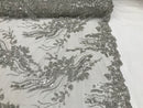 Beaded - Silver - Elegant Small Flower Pattern Design Sequins Fabric with Beads Sold By The Yard