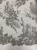 Beaded - Silver - Elegant Small Flower Pattern Design Sequins Fabric with Beads Sold By The Yard