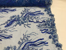 Beaded - Royal Blue - Elegant Small Flower Pattern Design Sequins Fabric with Beads Sold By The Yard