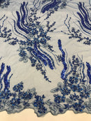 Beaded - Royal Blue - Elegant Small Flower Pattern Design Sequins Fabric with Beads Sold By The Yard